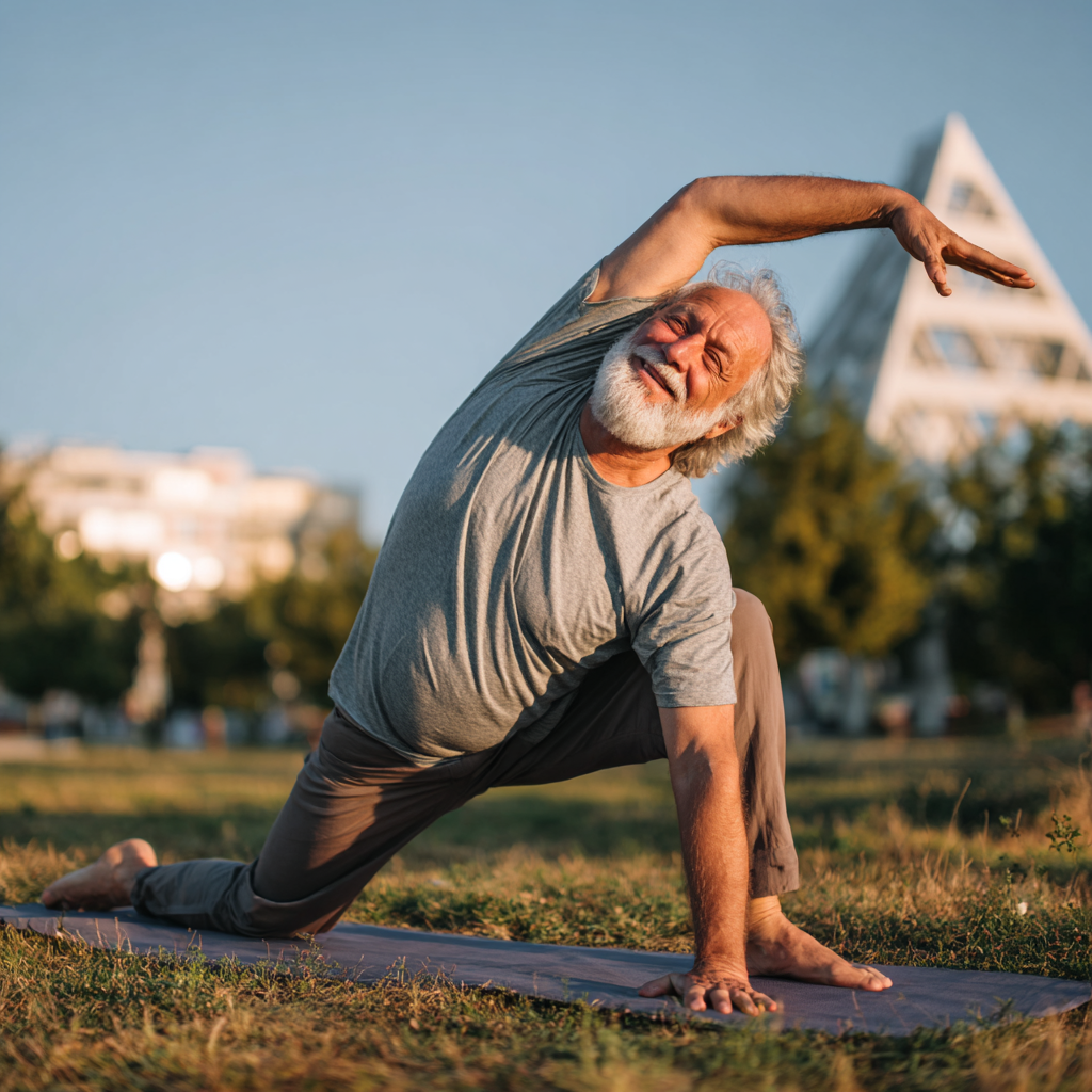 Усміхнена європейська жінка середнього віку в спортивному одязі виконує вправи для суглобів на свіжому повітрі, демонструючи активний спосіб життя та здоров'я